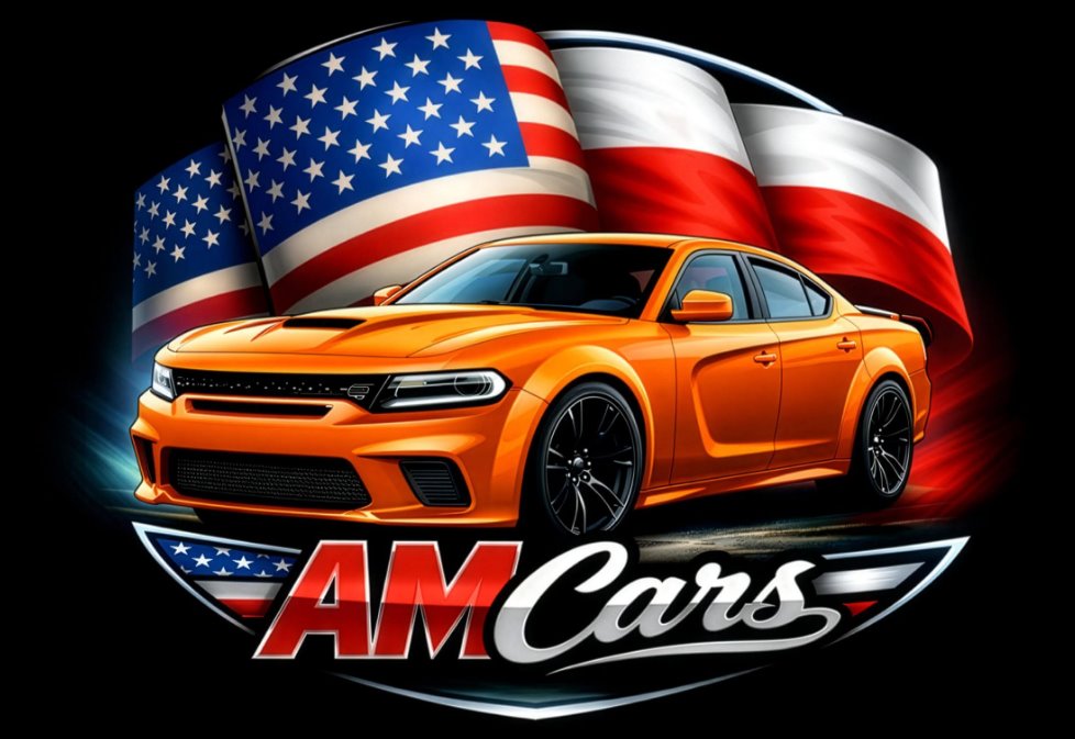 Grafika AMCars z samochodem Dodge i motywem polsko-amerykańskim