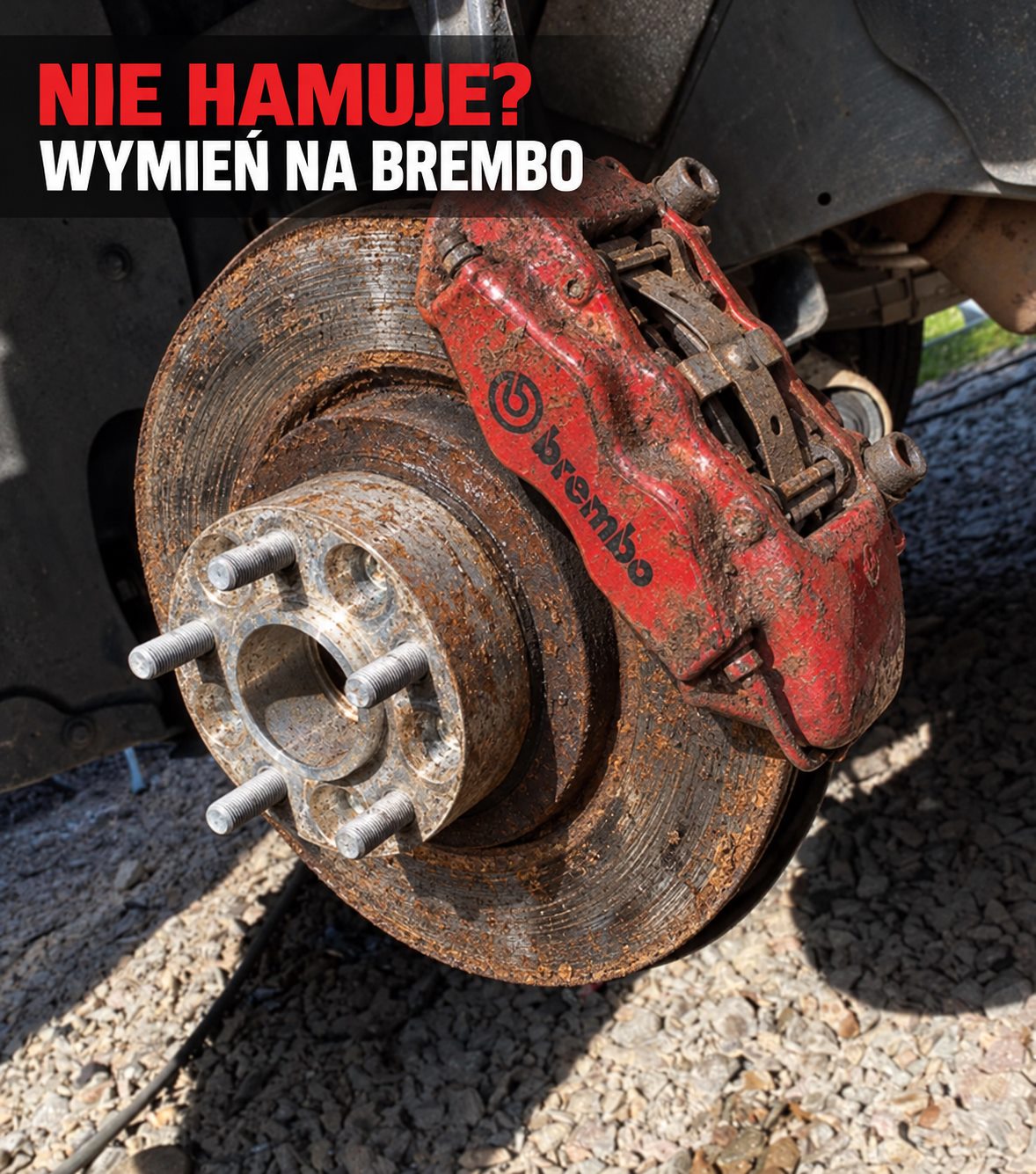 Grafika przedstawiająca mocno zużytą i zardzewiałą tarczę hamulcową z hasłem o wymianie na Brembo